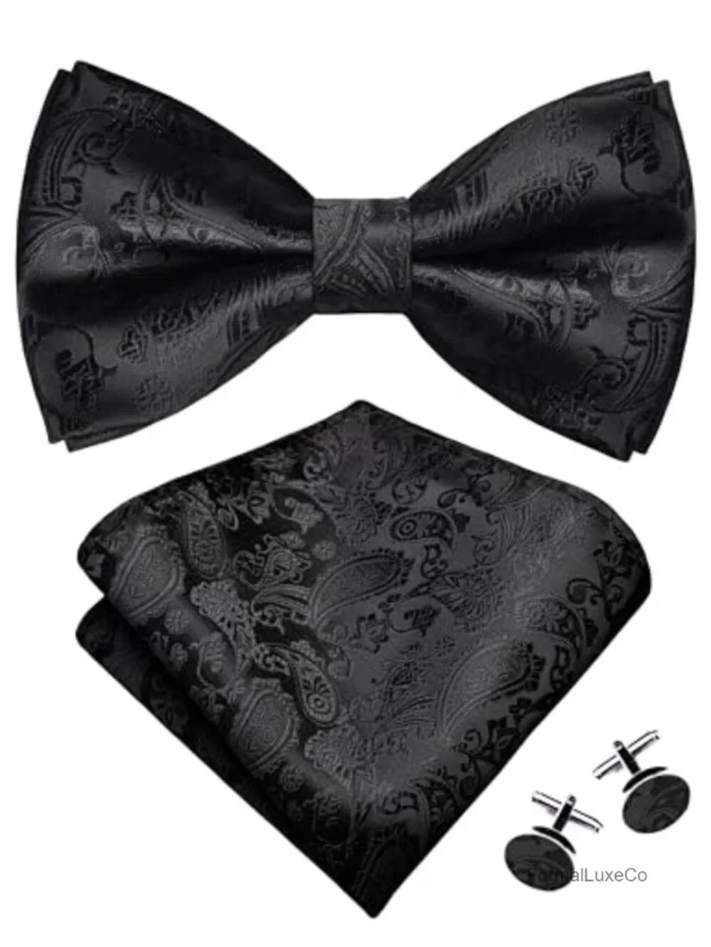 Paisley Pre-Tied Bow Tie Handkerchief Cufflinks Set Silk Blend Adjustable